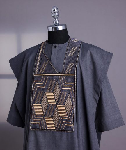 A Grey, Fused Slanted Square Embroidery Details Agbada