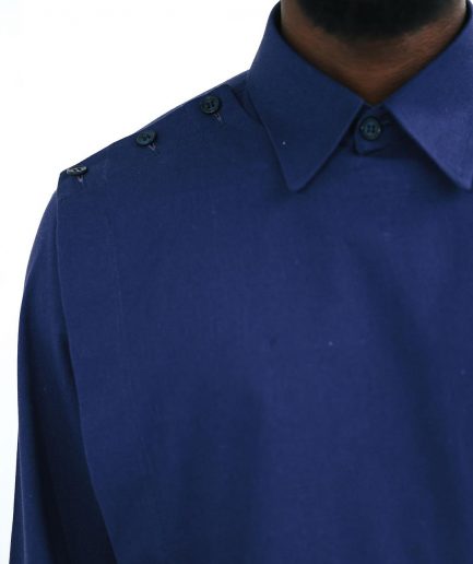A Navy blue, layered front-covered shirt.