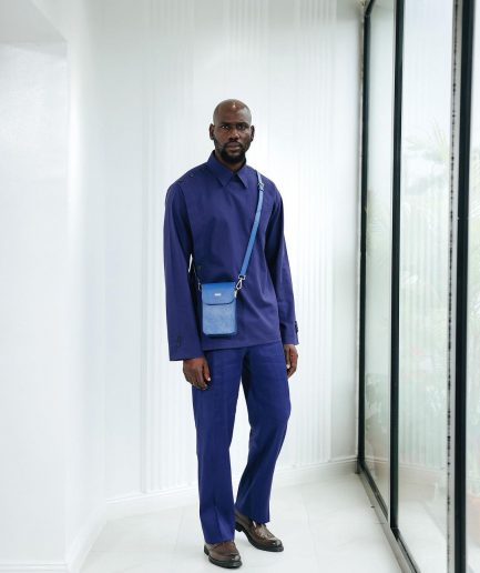 A Navy blue, layered front-covered shirt.