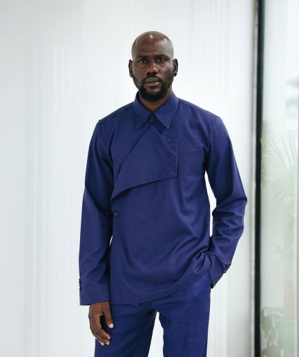 A Navy blue, layered front-covered shirt.