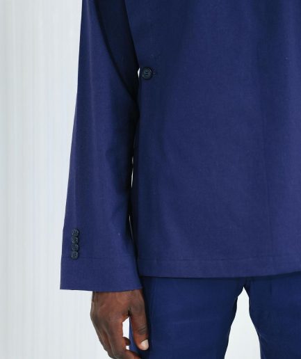 A Navy blue, layered front-covered shirt.