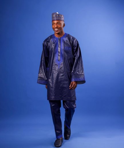 A Navy Blue, Arewa Embroidery Details, Long Sleeve, Free-Hand African Senator Kaftan Native.