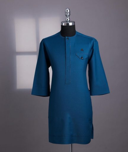 A Dark Sapphire Blue, Front Flap With Black Swarovski Button, 3/4-Sleeve African Senator Kaftan Native