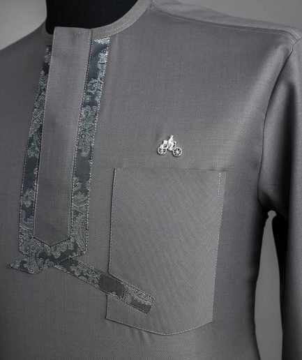 A Grey, matching slanted paisley, front flap, 3/4-sleeve African senator kaftan native.