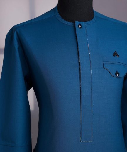 A Dark Sapphire Blue, Front Flap With Black Swarovski Button, 3/4-Sleeve African Senator Kaftan Native