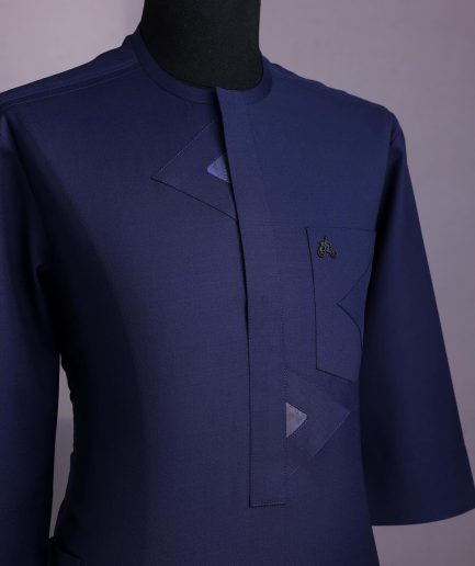 A Midnight blue triangle intersection with paisley detailing, front flap, 3/4 sleeve African senator kaftan native.