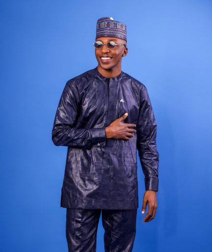 A Midnight Blue Bishop Neck, Side Fflap Embroidery, Front Flap, Long-Sleeve African Senator Kaftan Native.