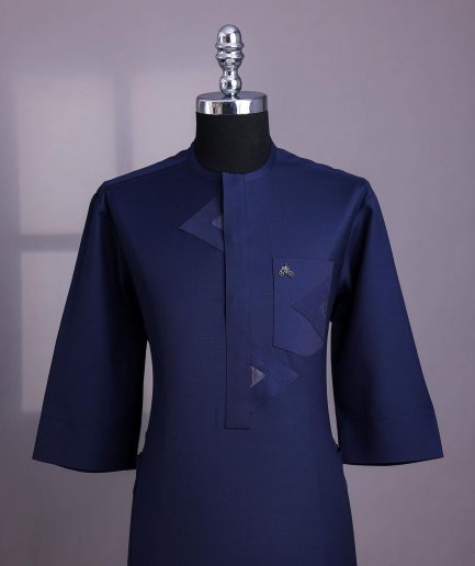 A Midnight blue triangle intersection with paisley detailing, front flap, 3/4 sleeve African senator kaftan native.