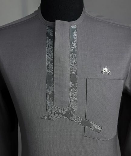 A Grey, matching slanted paisley, front flap, 3/4-sleeve African senator kaftan native.