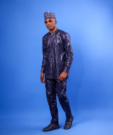A Midnight Blue Bishop Neck, Side Fflap Embroidery, Front Flap, Long-Sleeve African Senator Kaftan Native.