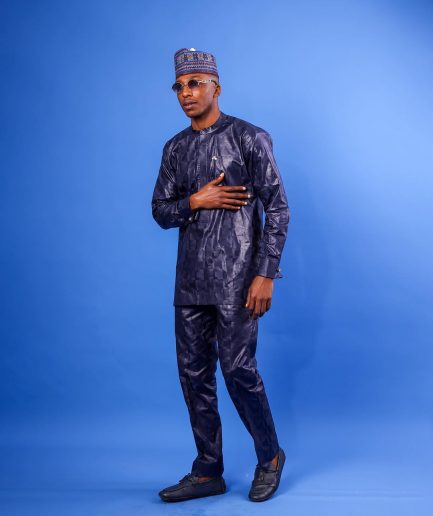 A Midnight Blue Bishop Neck, Side Fflap Embroidery, Front Flap, Long-Sleeve African Senator Kaftan Native.