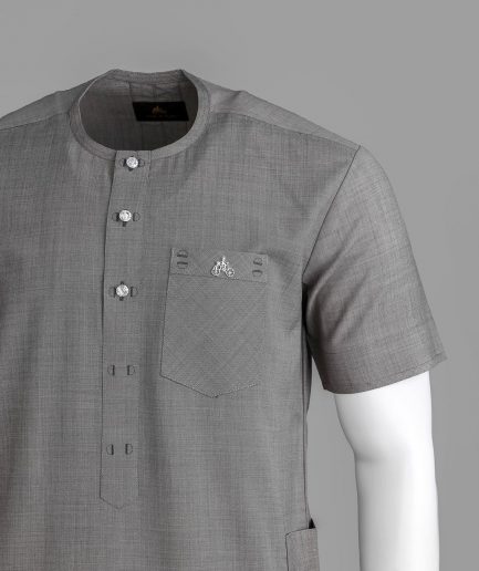 A Grey Front Flap With A Clear View Swarovski Crystal Button, Short-Sleeve African Senator Kaftan Native.