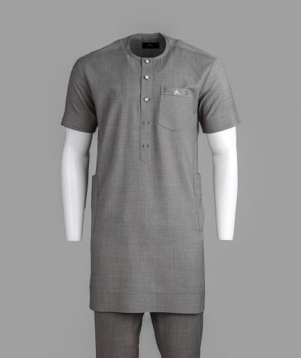 A Grey Front Flap With A Clear View Swarovski Crystal Button, Short-Sleeve African Senator Kaftan Native.