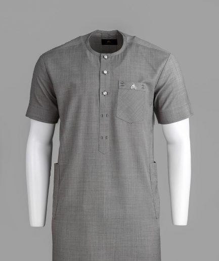 A Grey Front Flap With A Clear View Swarovski Crystal Button, Short-Sleeve African Senator Kaftan Native.
