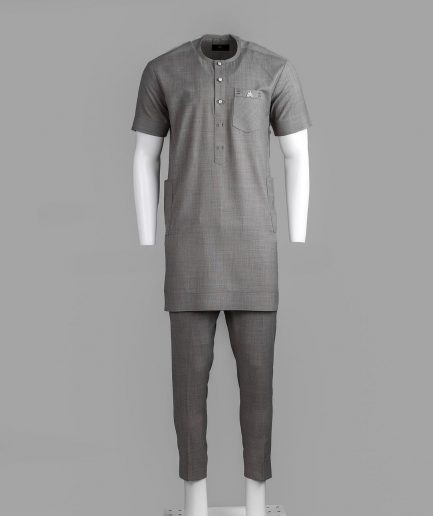 A Grey Front Flap With A Clear View Swarovski Crystal Button, Short-Sleeve African Senator Kaftan Native.