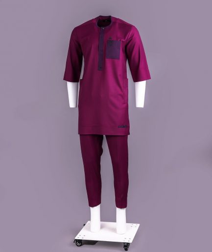 A Ruby red, front flap with black Swarovski crystal button, 3/4 sleeve African senator kaftan native