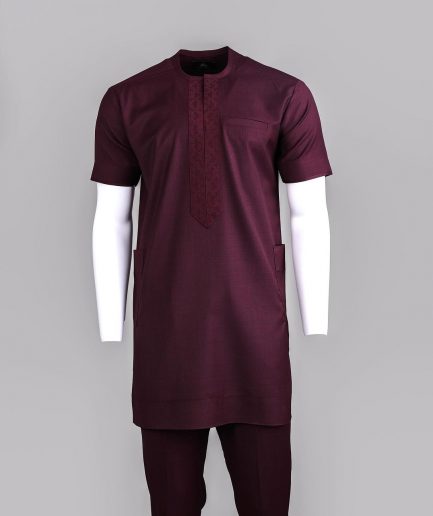 A Burgundy, zip line with arewa embroidery, shirt sleeve African senator kaftan native.