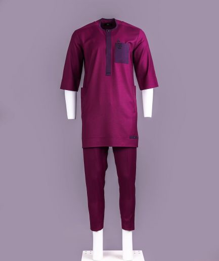 A Ruby red, front flap with black Swarovski crystal button, 3/4 sleeve African senator kaftan native