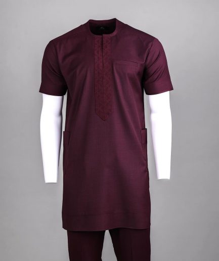 A Burgundy, zip line with arewa embroidery, shirt sleeve African senator kaftan native.