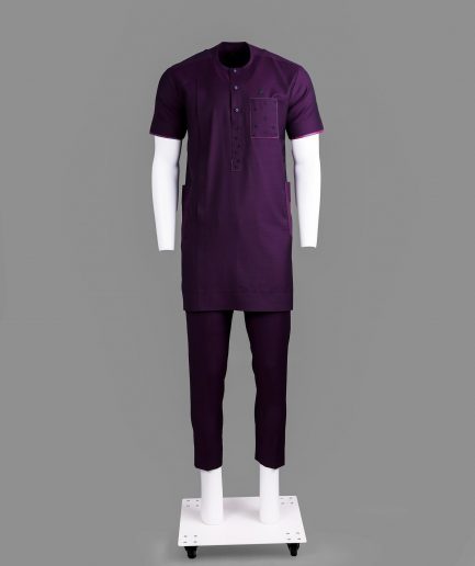 A Raisin purple, front flap with matching Swarovski crystal button, SS30 Swarovski stones, 3/4 sleeve African senator kaftan native.