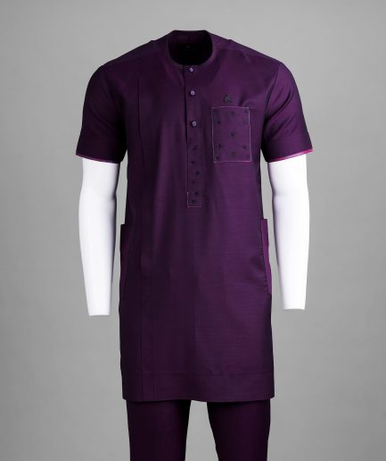 A Raisin purple, front flap with matching Swarovski crystal button, SS30 Swarovski stones, 3/4 sleeve African senator kaftan native.