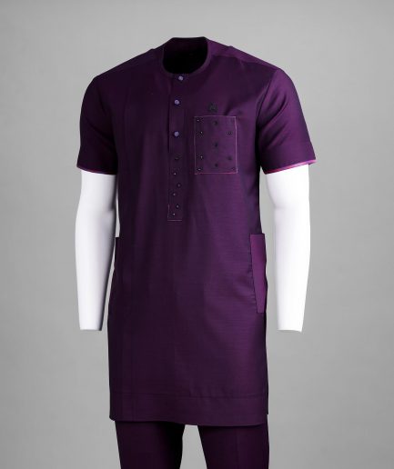 A Raisin purple, front flap with matching Swarovski crystal button, SS30 Swarovski stones, 3/4 sleeve African senator kaftan native.