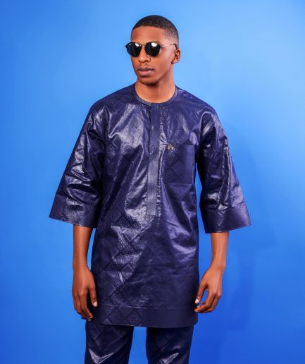 A Midnight Blue, Front Flap, 3/4 Sleeve African Senator Kaftan Native.