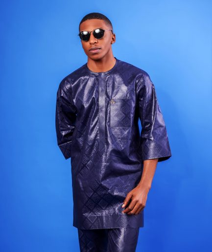 A Navy blue, Malian with layered dropped square pattern jacquard embroidery details, traditional Agbada