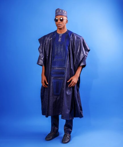 A Navy blue, Malian with layered dropped square pattern jacquard embroidery details, traditional Agbada