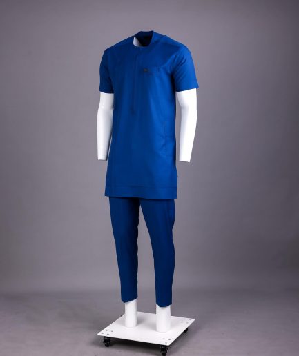 A Lapis Blue, Zipline with connected square and triangle bar-tacking details, short sleeve African senator Kaftan native.