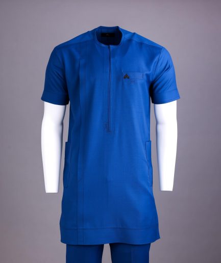 A Lapis Blue, Zipline with connected square and triangle bar-tacking details, short sleeve African senator Kaftan native.