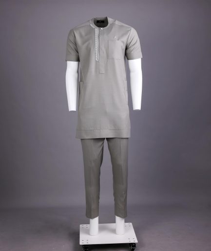 A Light grey, front flap with silver studded Swarovski buttons, left drop Arewa embroidery, short sleeve African senator kaftan native