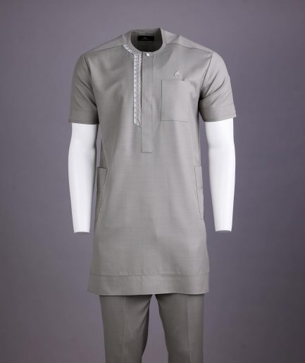 A Light grey, front flap with silver studded Swarovski buttons, left drop Arewa embroidery, short sleeve African senator kaftan native