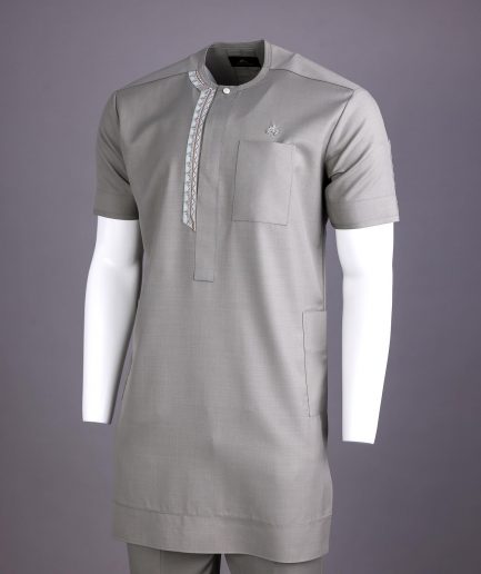 A Light grey, front flap with silver studded Swarovski buttons, left drop Arewa embroidery, short sleeve African senator kaftan native