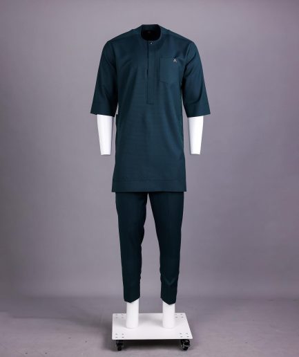 An Emerald Green, Front Flap With Studded Swarovski Buttons, 3/4 Sleeve African Senator Kaftan Native.