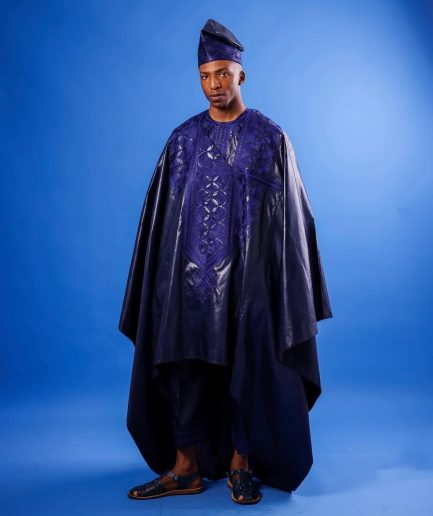 A Charcoal black, Arewa embroidery, front cut towards the back, traditional Agbada
