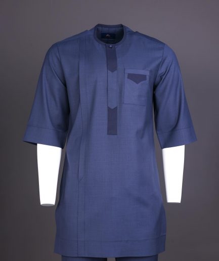 A Navy Blue, Front Flap, 3/4 Sleeve African Senator Kaftan Native.