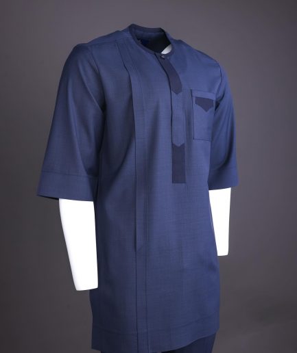 A Navy Blue, Front Flap, 3/4 Sleeve African Senator Kaftan Native.