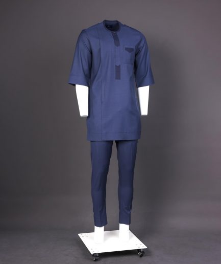A Navy Blue, Front Flap, 3/4 Sleeve African Senator Kaftan Native.