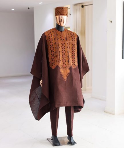 A Chocolate Brown, Arewa Embroidery Traditional Agbada.