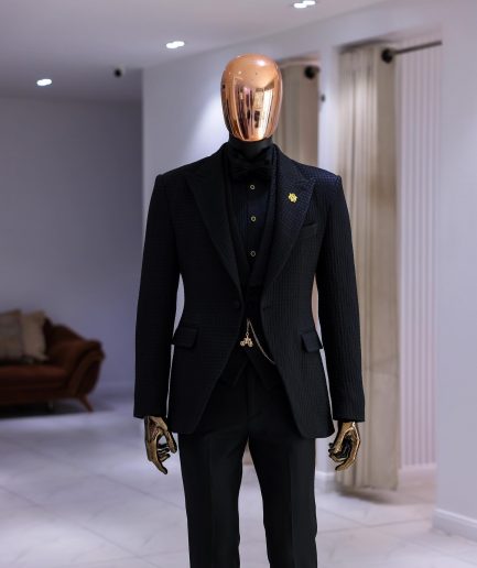 A Charcoal Black Peak Lapel, Stuffed/Slanted Square Patterned Jacquard Jacket.