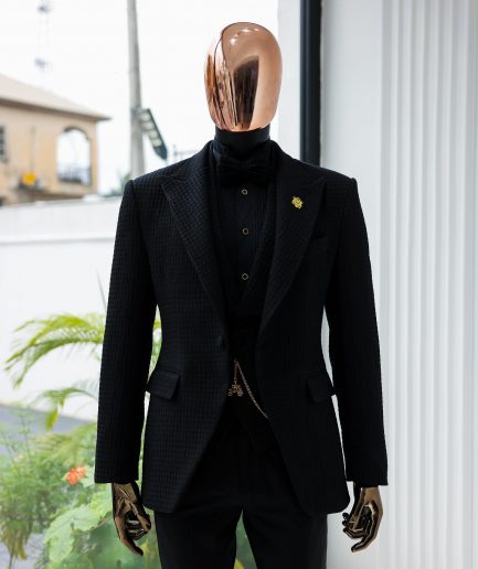 A Charcoal Black Peak Lapel, Stuffed/Slanted Square Patterned Jacquard Jacket.