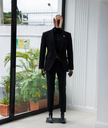 A Charcoal Black Peak Lapel, Stuffed/Slanted Square Patterned Jacquard Jacket.
