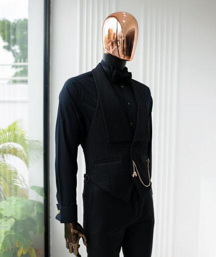A Charcoal Black Peak Lapel, Stuffed/Slanted Square Patterned Jacquard Jacket.