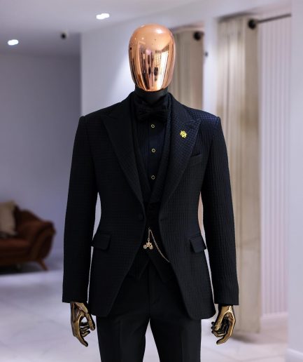 A Charcoal Black Peak Lapel, Stuffed/Slanted Square Patterned Jacquard Jacket.