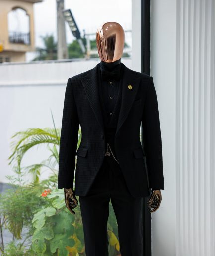 A Charcoal Black Peak Lapel, Stuffed/Slanted Square Patterned Jacquard Jacket.
