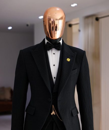 A Charcoal Black Peak Lapel, Stuffed/Slanted Square Patterned Jacquard Jacket.