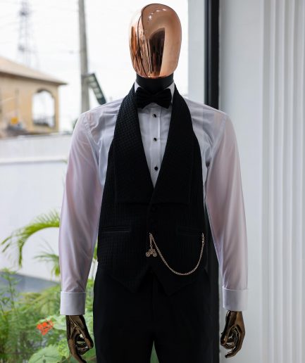 A Charcoal Black Peak Lapel, Stuffed/Slanted Square Patterned Jacquard Jacket.