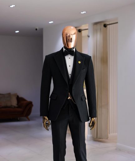 A Charcoal Black Peak Lapel, Stuffed/Slanted Square Patterned Jacquard Jacket.