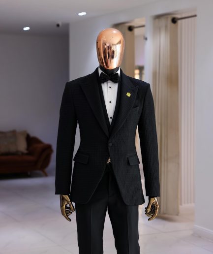 A Charcoal Black Peak Lapel, Stuffed/Slanted Square Patterned Jacquard Jacket.